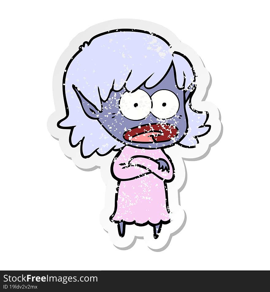 distressed sticker of a cartoon shocked elf girl