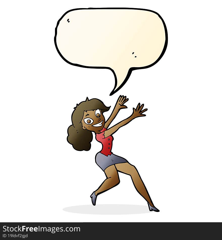 Cartoon Happy Woman Jumping With Speech Bubble