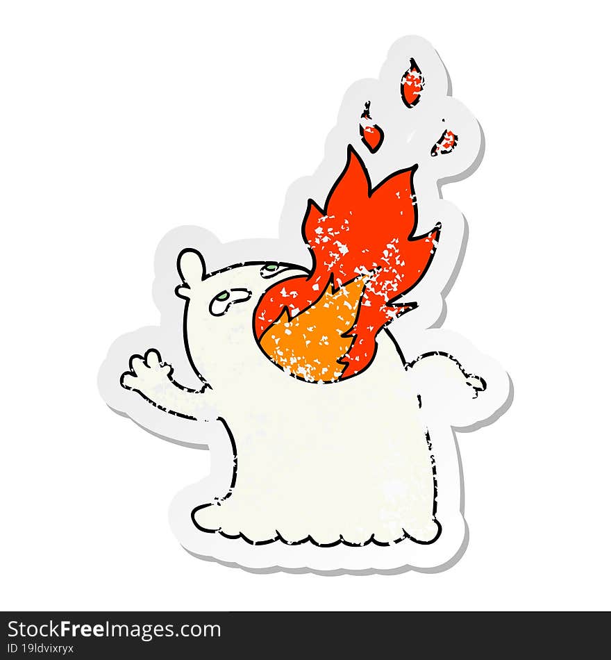 distressed sticker of a cartoon fire breathing ghost