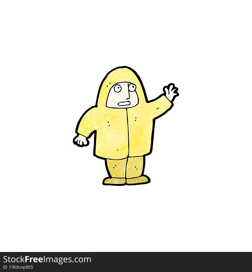 cartoon man in raincoat waving