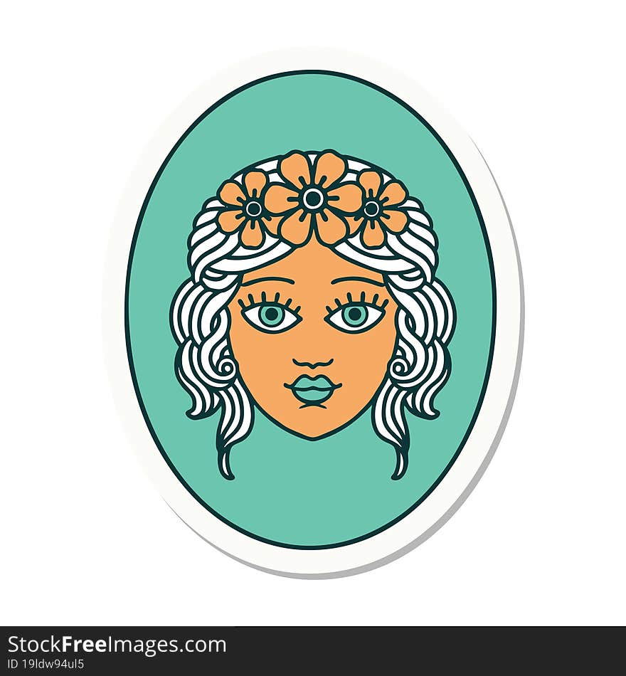 tattoo style sticker of a maiden with crown of flowers