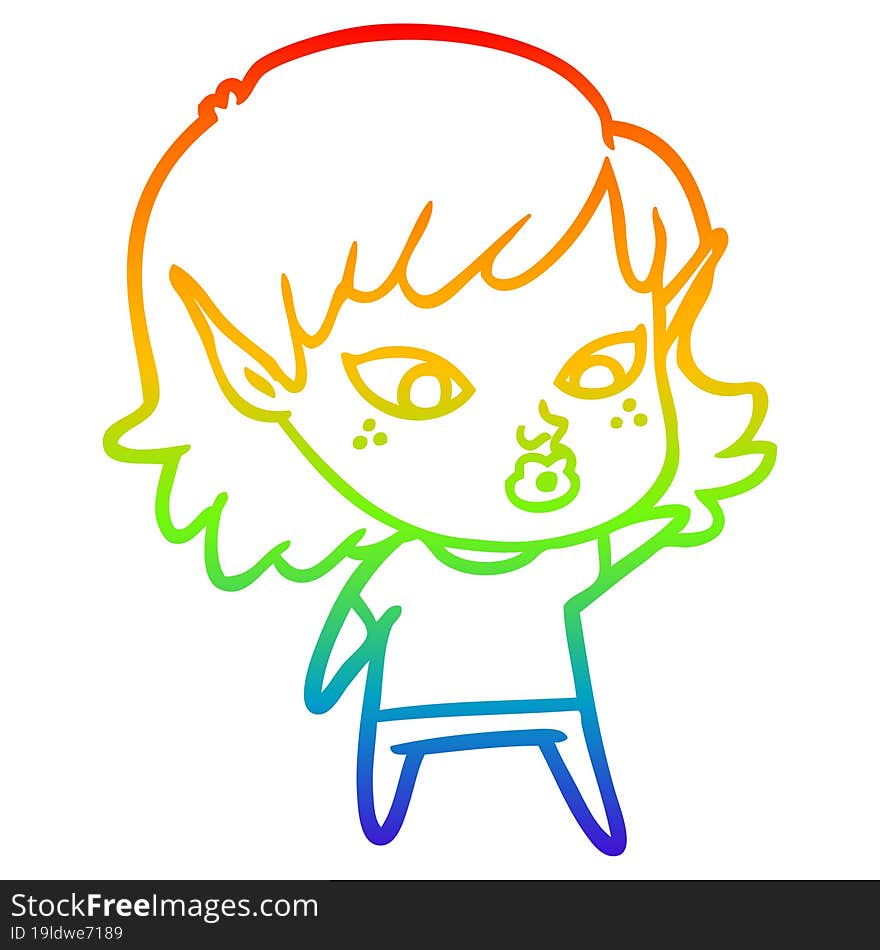 rainbow gradient line drawing of a pretty cartoon elf girl