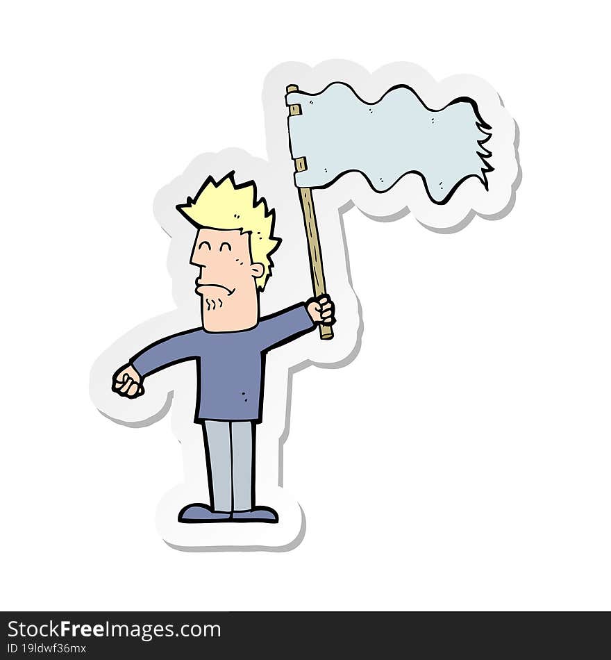 sticker of a cartoon unhappy man waving flag