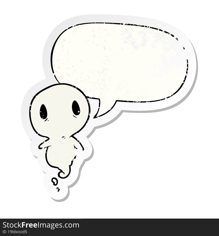 cute cartoon ghost with speech bubble distressed distressed old sticker. cute cartoon ghost with speech bubble distressed distressed old sticker