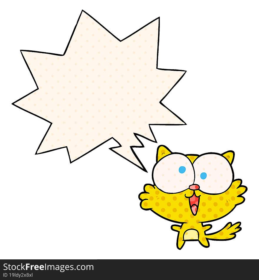 Cute Cartoon Crazy Cat And Speech Bubble In Comic Book Style