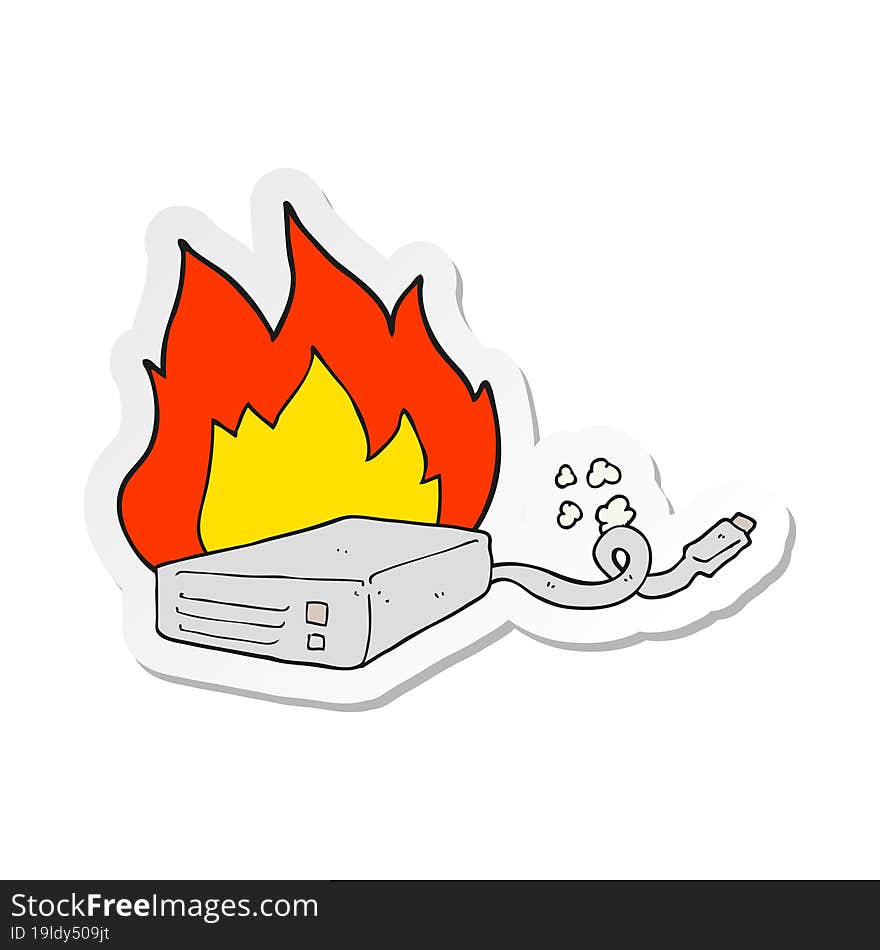 sticker of a cartoon computer hard drive burning