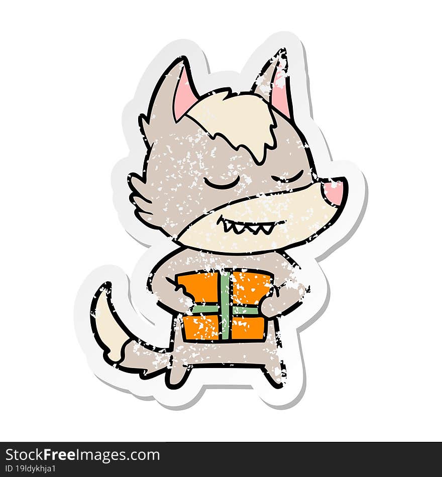 distressed sticker of a friendly cartoon wolf carrying christmas present