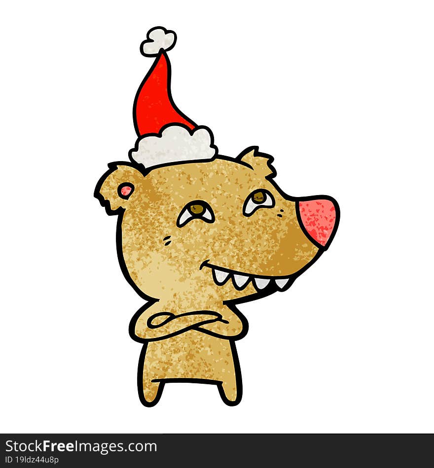 textured cartoon of a bear showing teeth wearing santa hat