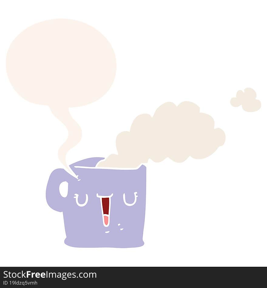 cartoon hot cup of coffee with speech bubble in retro style