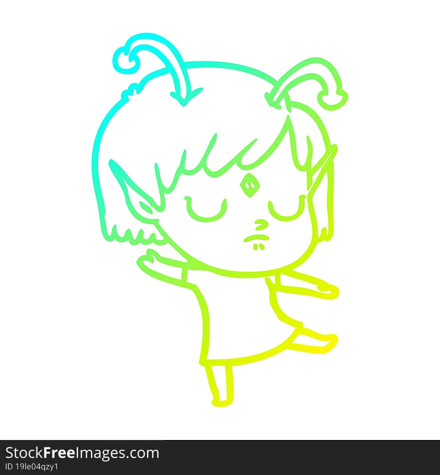 cold gradient line drawing of a cartoon alien girl