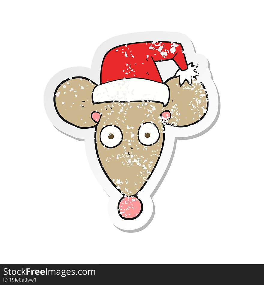 retro distressed sticker of a cartoon mouse in christmas hat