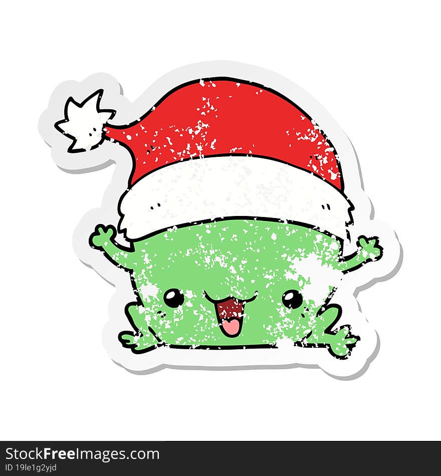 Distressed Sticker Of A Cute Cartoon Christmas Frog