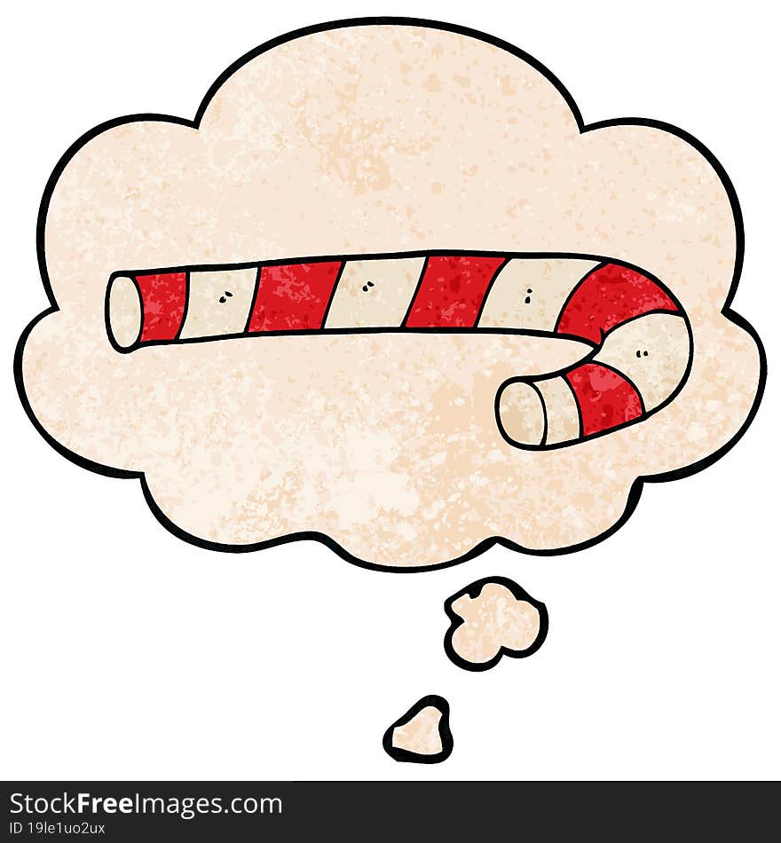 cartoon candy cane with thought bubble in grunge texture style. cartoon candy cane with thought bubble in grunge texture style