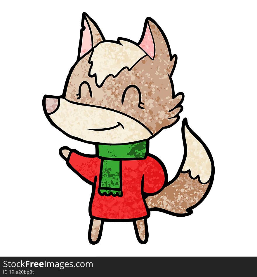 friendly cartoon wolf in winter clothes. friendly cartoon wolf in winter clothes