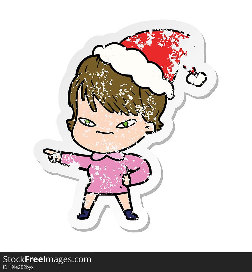 Distressed Sticker Cartoon Of A Happy Woman Wearing Santa Hat