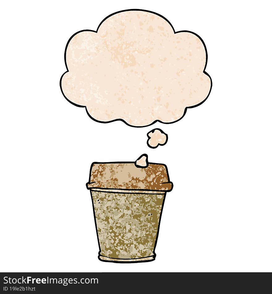 cartoon take out coffee with thought bubble in grunge texture style. cartoon take out coffee with thought bubble in grunge texture style