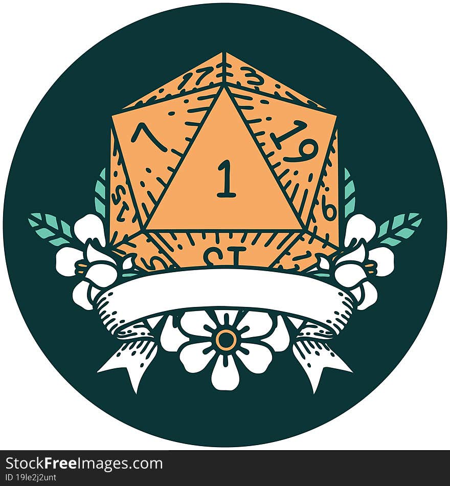 icon of natural one d20 dice roll. icon of natural one d20 dice roll