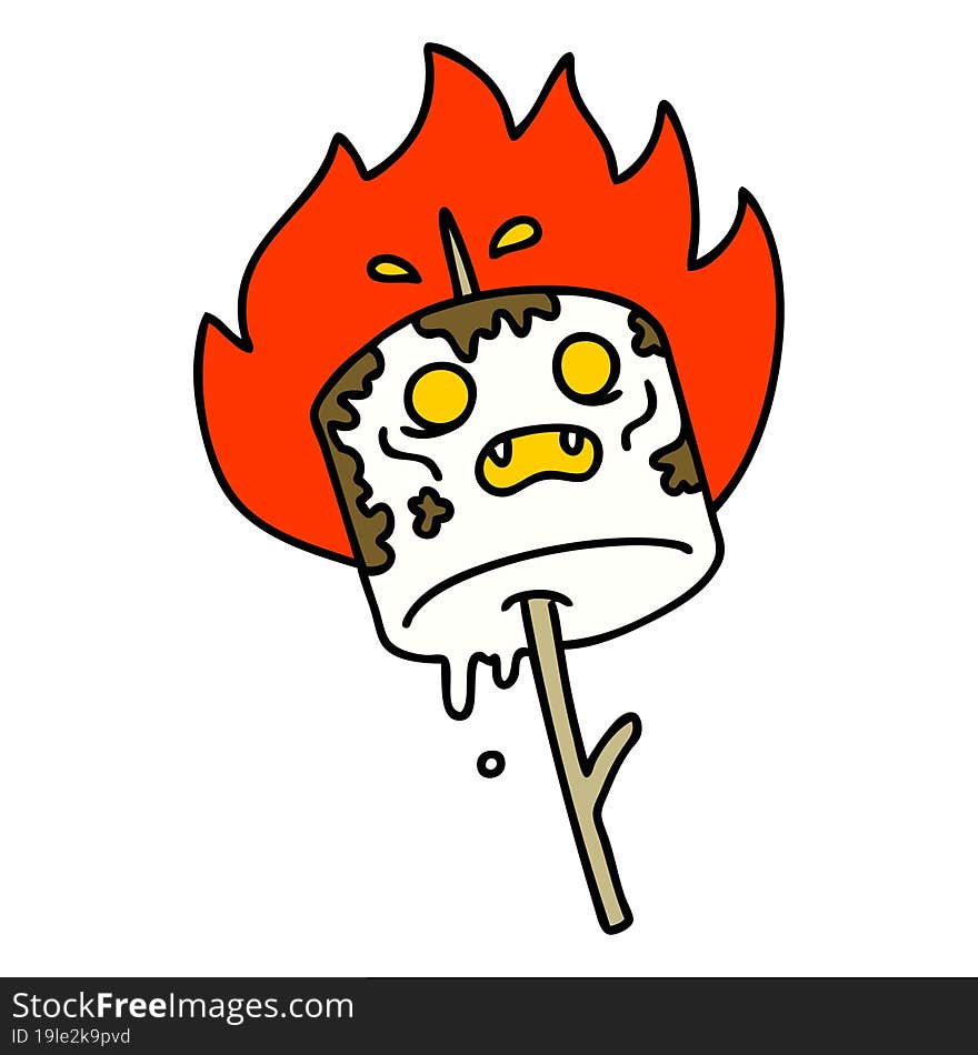 cartoon of a burning marshmallow on a stick. cartoon of a burning marshmallow on a stick