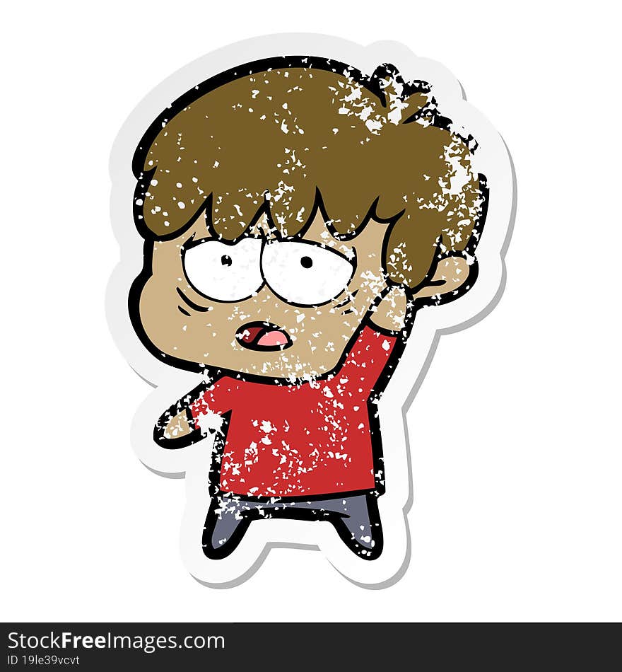 Distressed Sticker Of A Cartoon Exhausted Boy