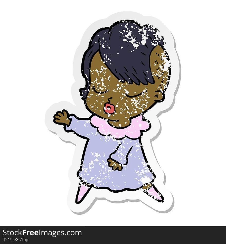 distressed sticker of a cartoon pretty hipster girl