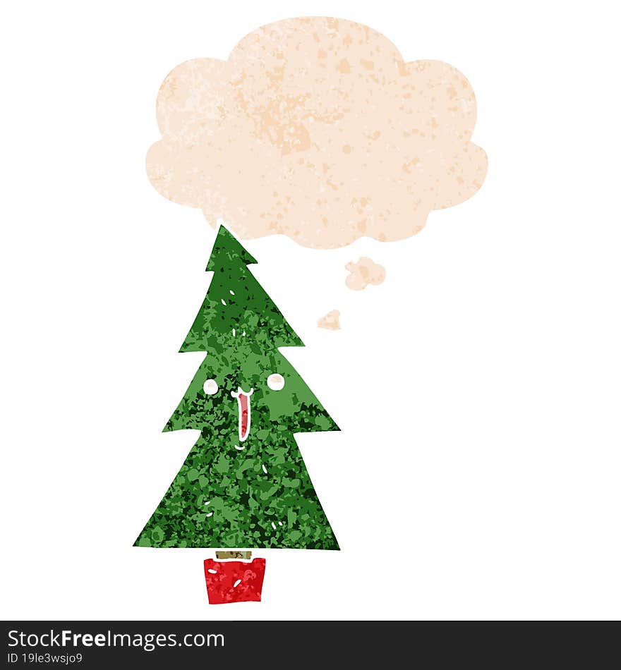 cartoon christmas tree and thought bubble in retro textured style