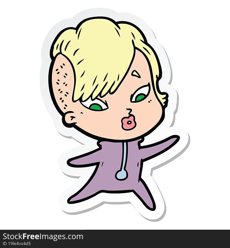 sticker of a cartoon surprised girl in science fiction clothes