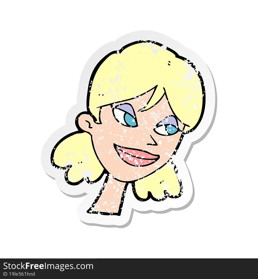 retro distressed sticker of a cartoon happy female face