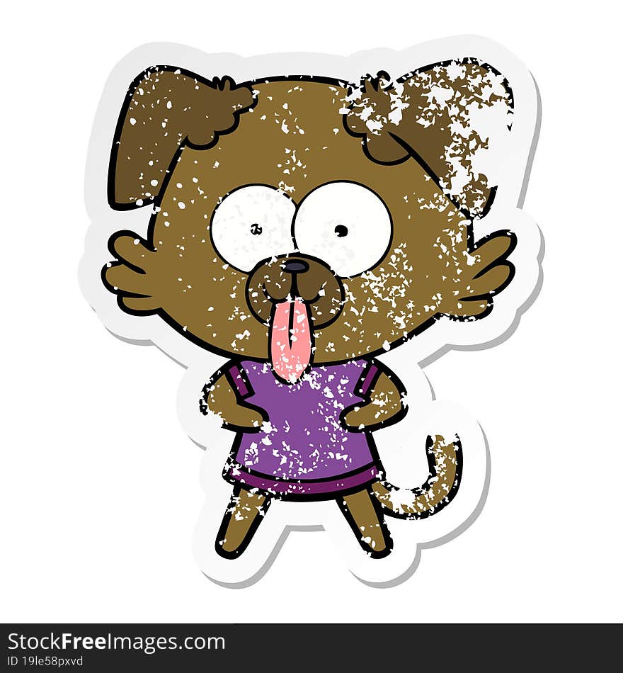 distressed sticker of a cartoon dog with tongue sticking out