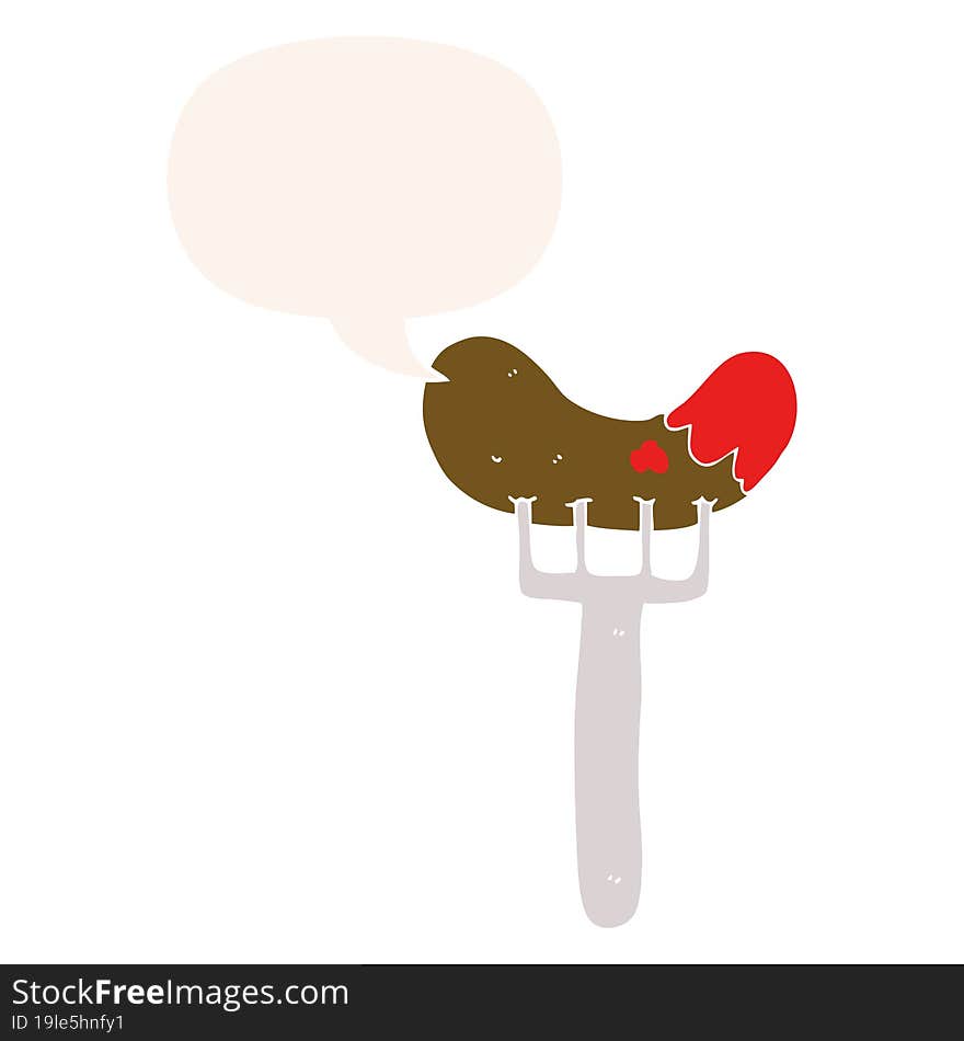 cartoon sausage on fork and speech bubble in retro style