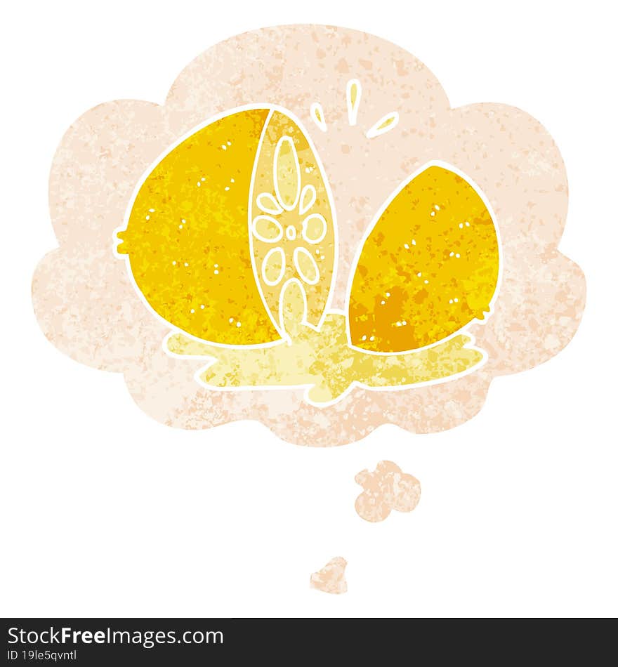 cartoon cut lemon and thought bubble in retro textured style