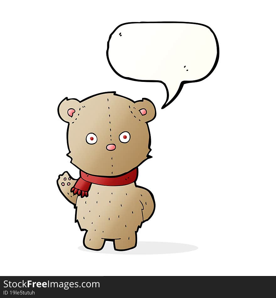 cartoon teddy bear wearing scarf with speech bubble