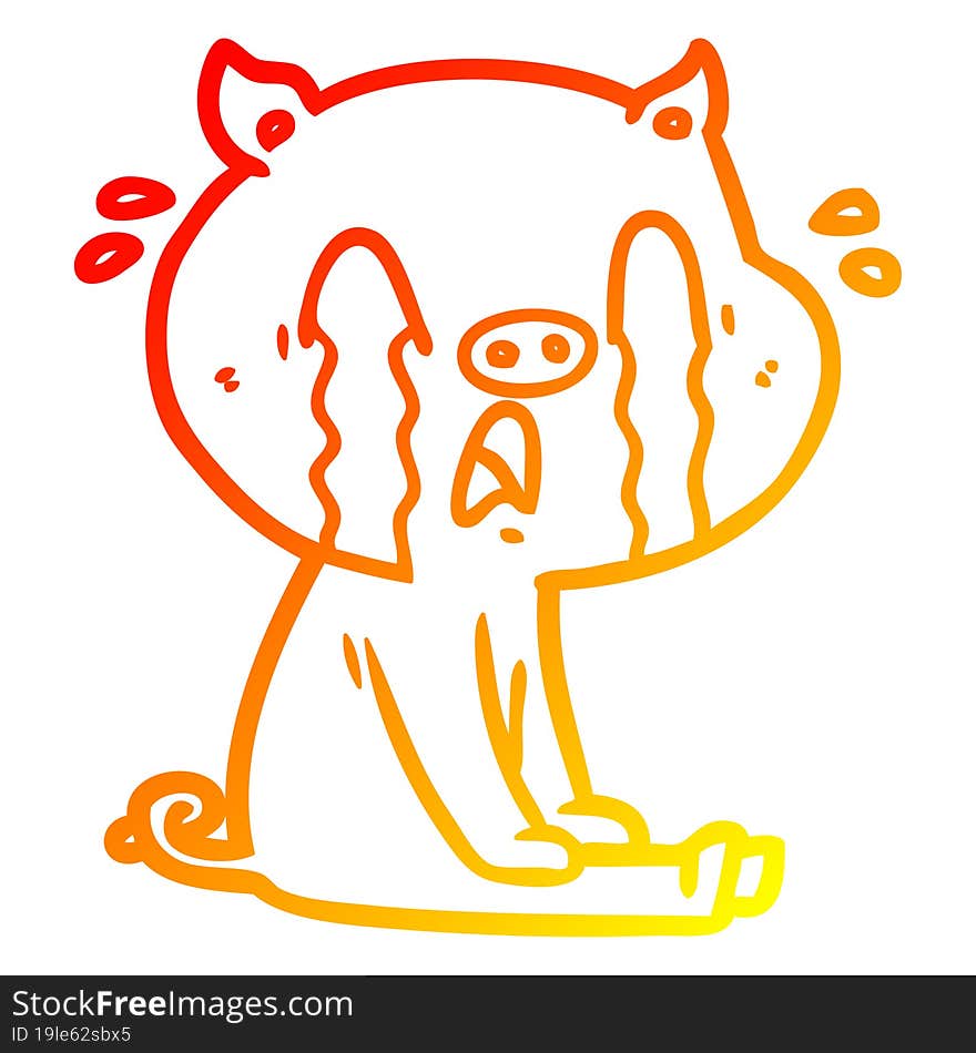 warm gradient line drawing of a crying pig cartoon