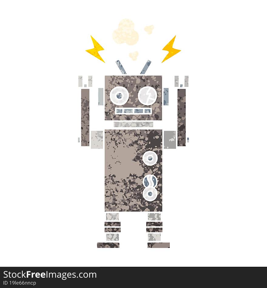 Retro Illustration Style Cartoon Malfunctioning Robot