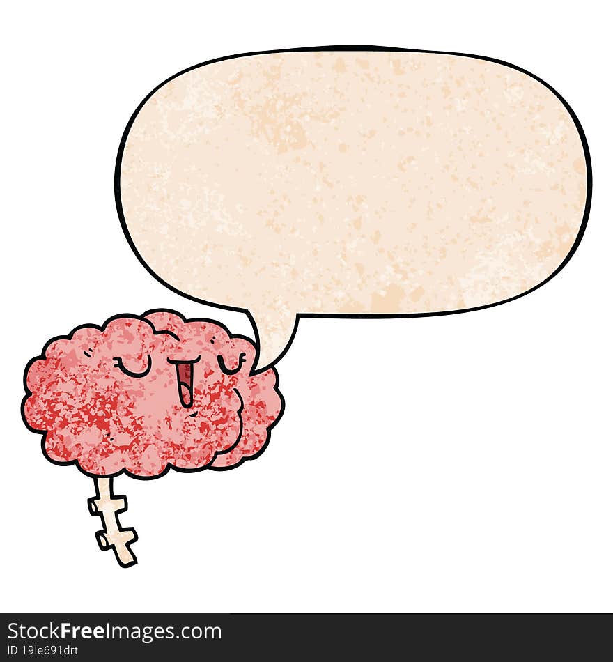 happy cartoon brain and speech bubble in retro texture style