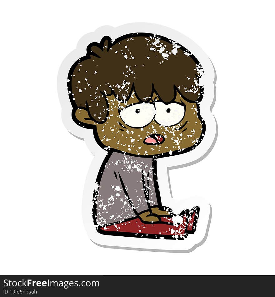 distressed sticker of a cartoon exhausted boy