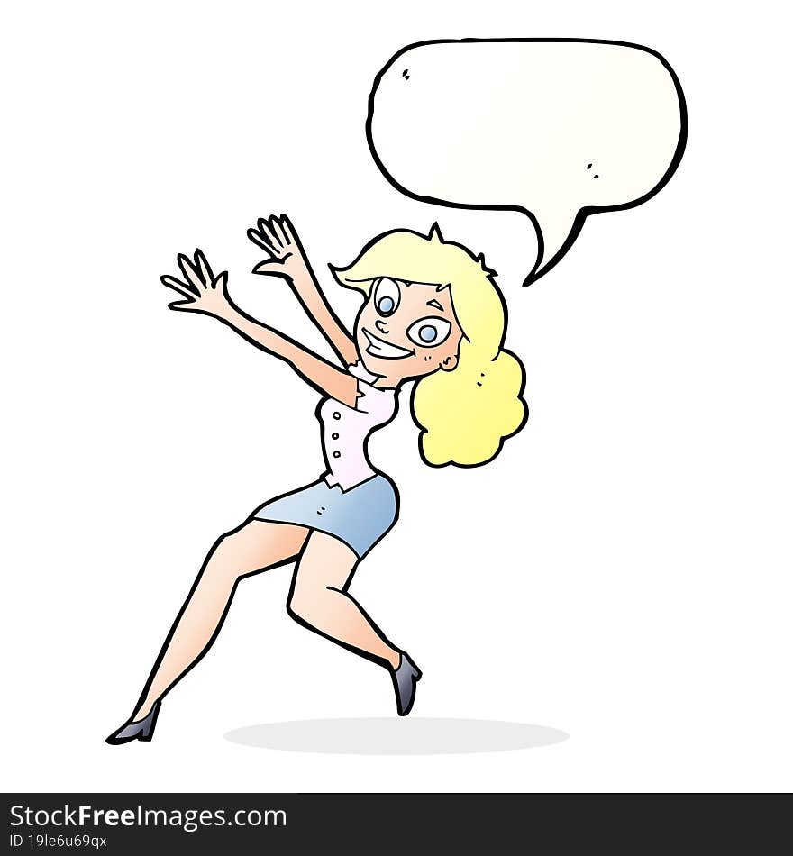 Cartoon Happy Woman Jumping With Speech Bubble