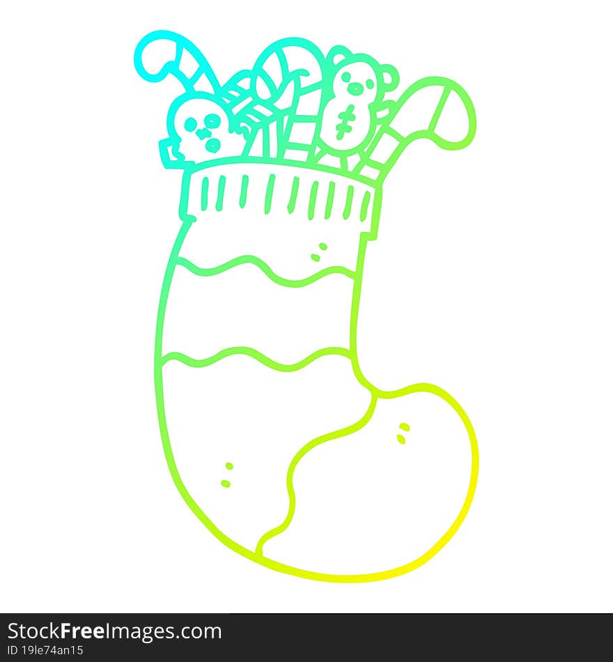 cold gradient line drawing of a cartoon christmas stocking full of toys