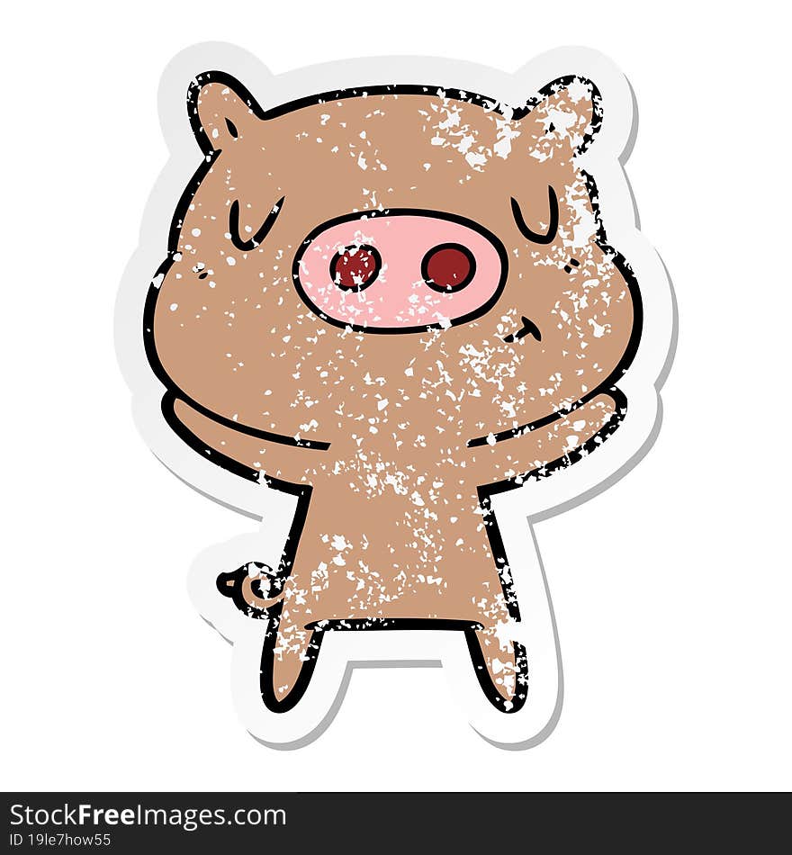 Distressed Sticker Of A Cartoon Content Pig