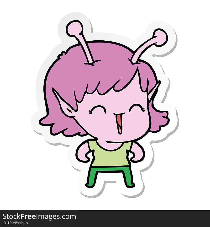 sticker of a cartoon alien girl laughing