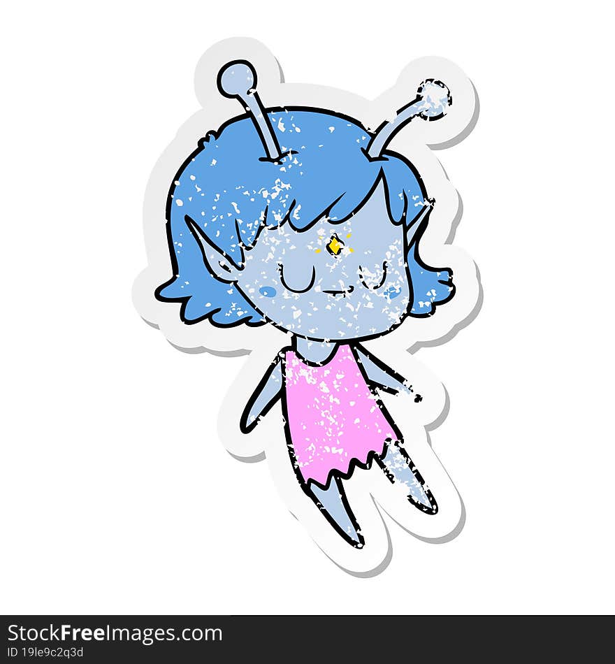 distressed sticker of a cartoon alien girl