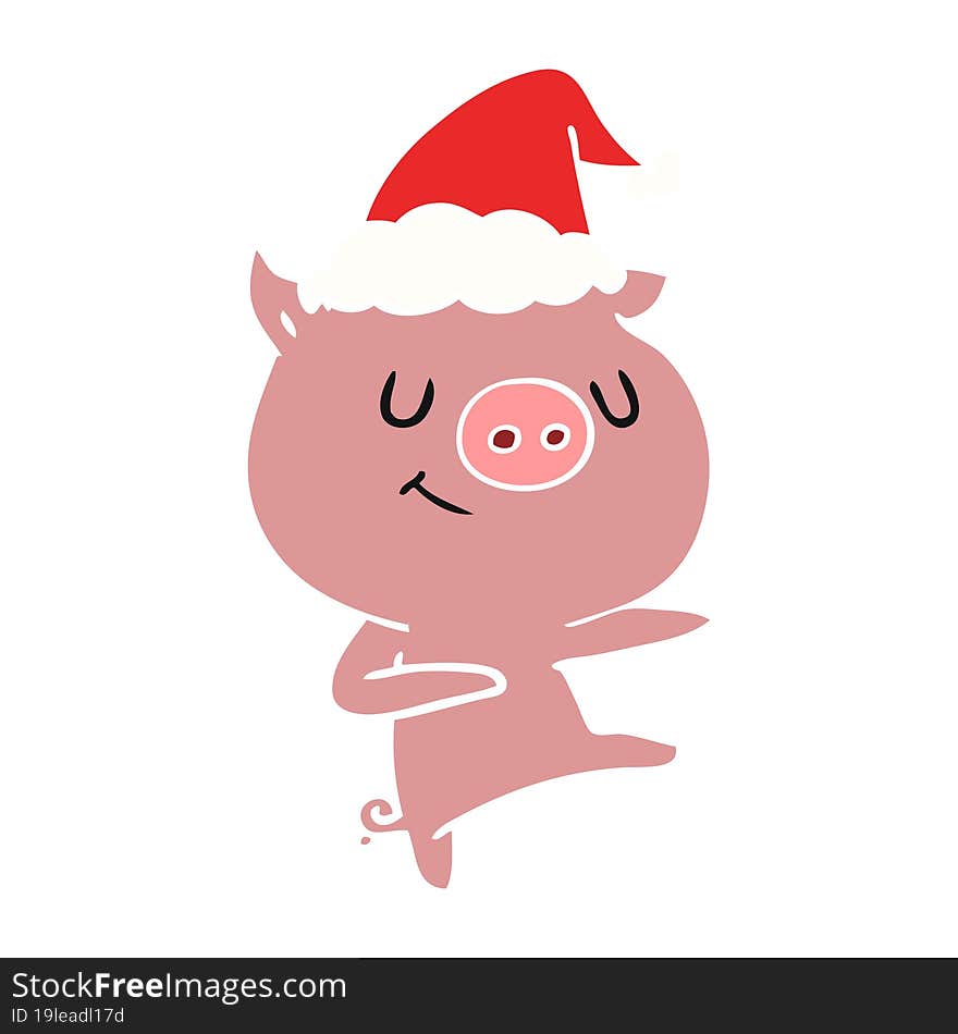 happy flat color illustration of a pig dancing wearing santa hat