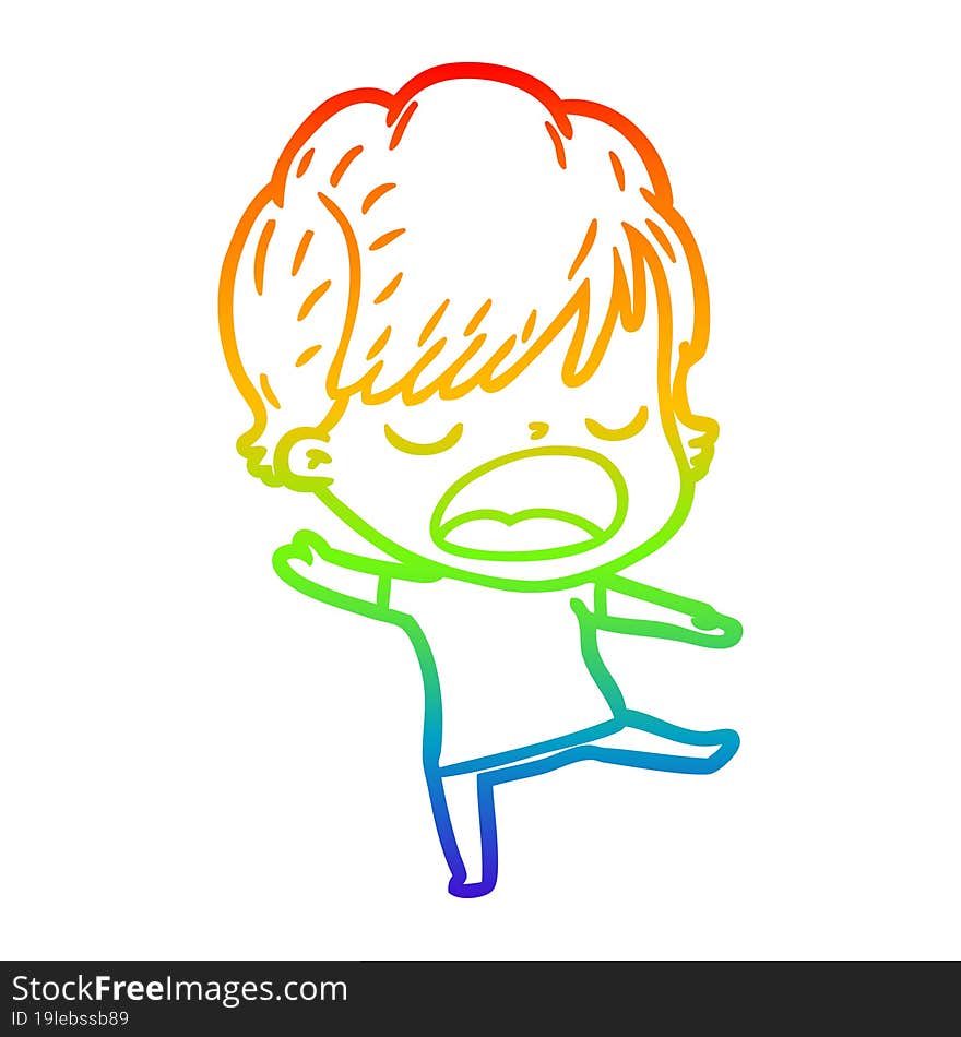 rainbow gradient line drawing of a cartoon woman talking