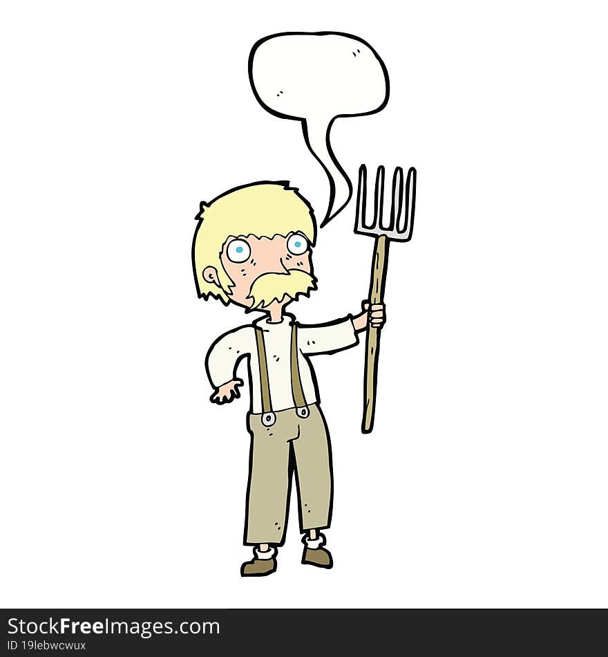 cartoon farmer with pitchfork with speech bubble