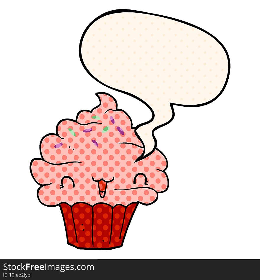 cute cartoon frosted cupcake with speech bubble in comic book style