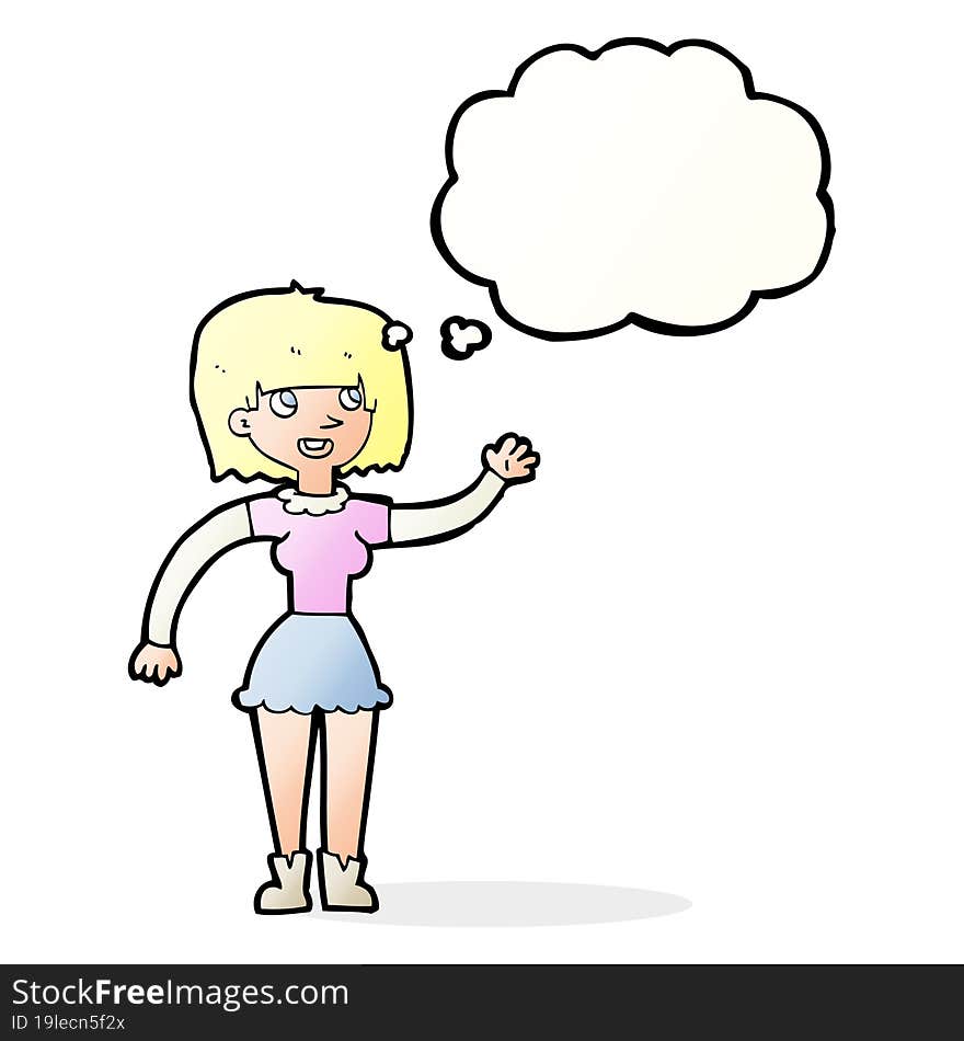 cartoon girl waving with thought bubble