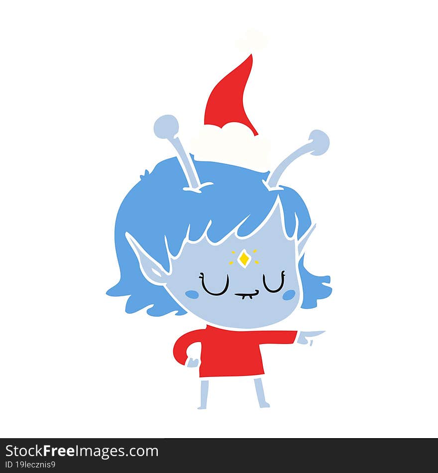 Flat Color Illustration Of A Alien Girl Wearing Santa Hat