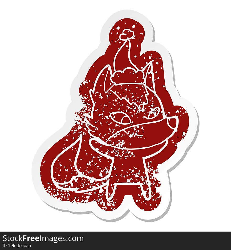 friendly cartoon distressed sticker of a wolf wearing santa hat