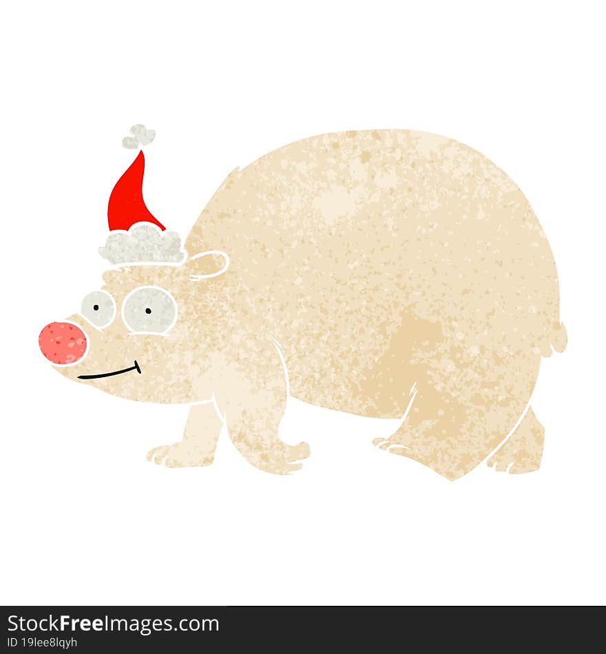 Retro Cartoon Of A Walking Polar Bear Wearing Santa Hat