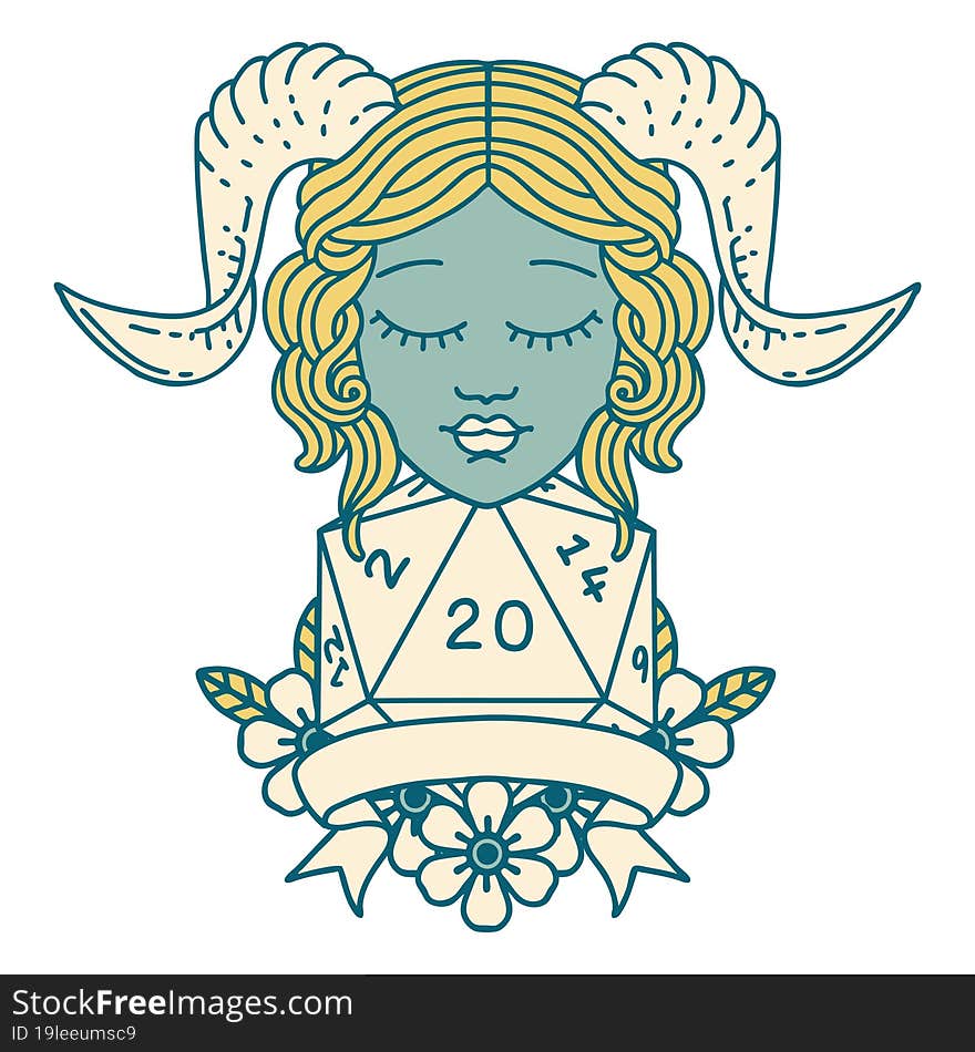 Retro Tattoo Style tiefling with natural 20 D20 roll. Retro Tattoo Style tiefling with natural 20 D20 roll