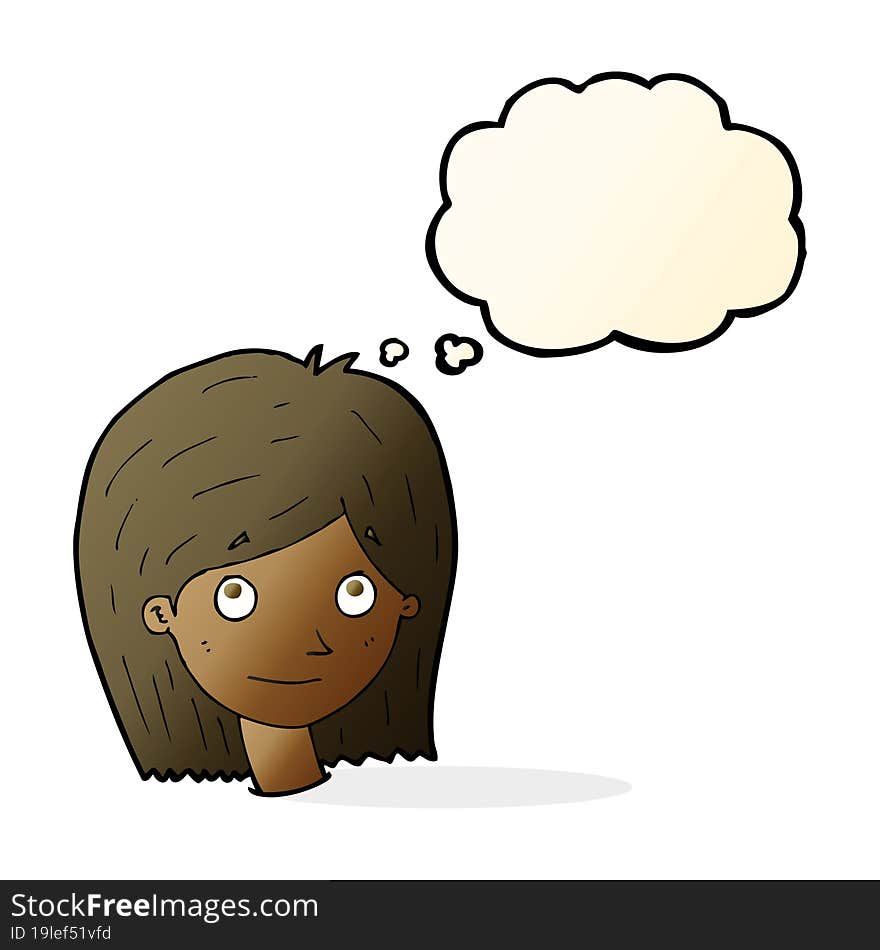 cartoon happy female face with thought bubble